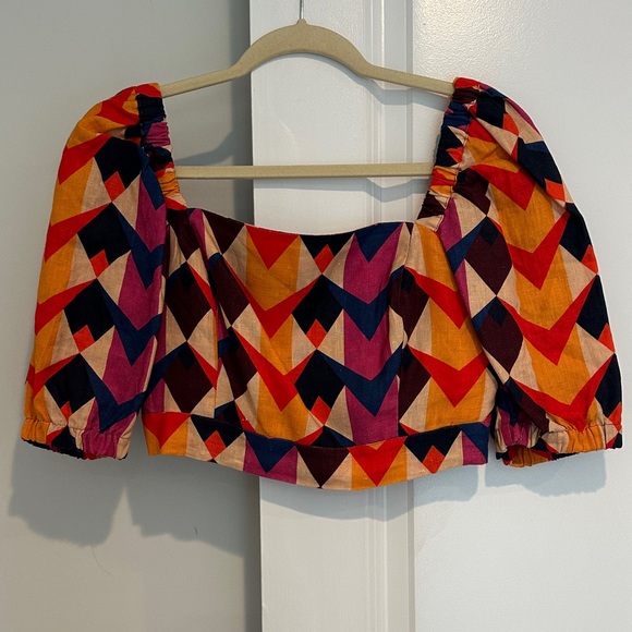 FARM Rio Tops - FARM Rio Multicolor Geometric Puff-Sleeve Crop Top in Orange, Red, Navy & Pink